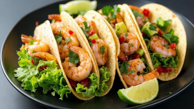 Delicious shrimp tacos with cilantro, lime, and fresh vegetables.