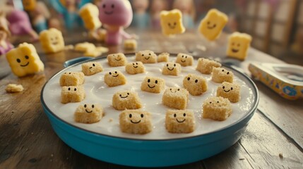 Obraz premium Cheerful cereal cubes in milk