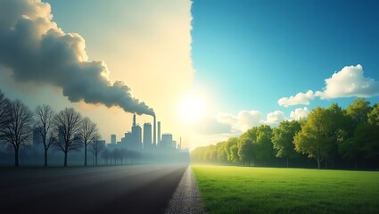 Conceptual landscape split between a polluted industrial city and a lush green forest, symbolizing the critical choice for a sustainable future and clean environment.