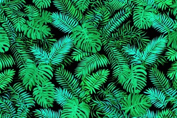 Vibrant tropical leaves pattern on black background