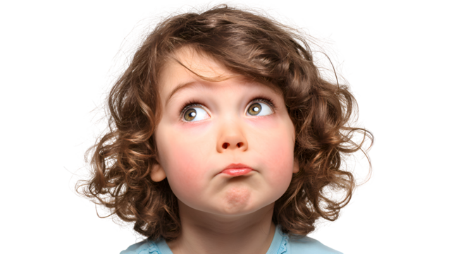 Portrait of a Thoughtful Young Girl with Curly Brown Hair and a Sweet Expression Against a Transparent Background. The Close Up Shot Captures Her