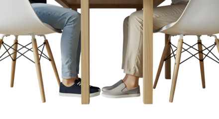 Professional Business Meeting Side View Of Two Diverse Adults Seated At Modern Blonde Oak Table In Collaborative Discussion Isolated On White Background.