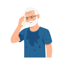 Old man wiping sweat with napkin.Senior sweating a lot. Vector illustration