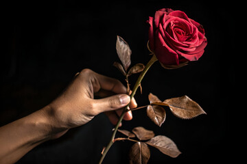 A hand gently holds a single, deep red rose against a stark black background, creating a dramatic contrast that emphasizes the flowers delicate beauty and romantic symbolism