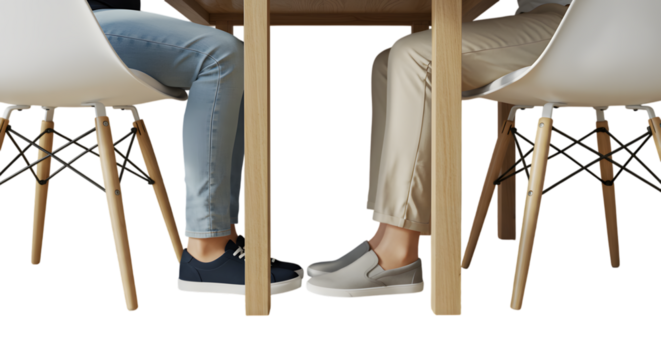 Professional Business Meeting Side View Of Two Diverse Adults Seated At Modern Blonde Oak Table In Collaborative Discussion Isolated On White Background.