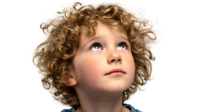 Portrait of a Young Boy with Curly Blond Hair Looking Upward with a Curious and Hopeful Expression Against a Transparent Background