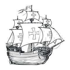 Historic sailing ship with crossed sails in black and white line art style. Vector illustration