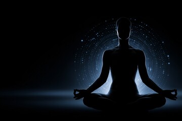 Silhouette of woman meditating with halo, Peace and balance in digital space, Concept of mindfulness and technology