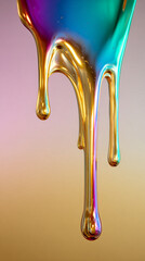 Colorful liquid paint drips down, creating a metallic effect with gold and blue colors