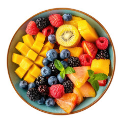 Colorful fruit salad in a bowl.  Fresh mango, kiwi, berries, and more