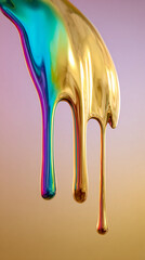 Colorful liquid paint drips down, creating a metallic effect with gold and blue colors
