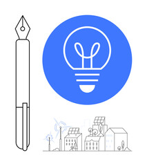Pen, glowing light bulb in a blue circle, and eco-friendly townscape with solar panels and wind turbines. Ideal for innovation, creativity, sustainability, writing, design, energy simple landing