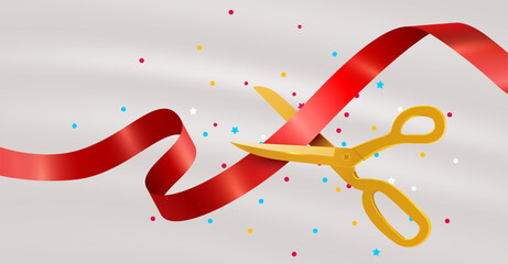 Grand Opening Event. Festive Ceremony Ribbon Cutting with Golden Scissors. Vector illustration