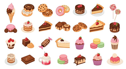 Vector illustration of assortment of delicious desserts and sweets isolated on white background