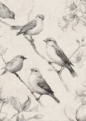 Vintage Hand-Drawn Bird Logo Composition — Monochrome Pencil Sketch of Multiple Small Birds with Wildflowers and Branches, Classic Minimal Logo Style on Light Textured Background for Elegant Branding 