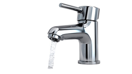 Modern chrome bathroom faucet with flowing water isolated on transparent background