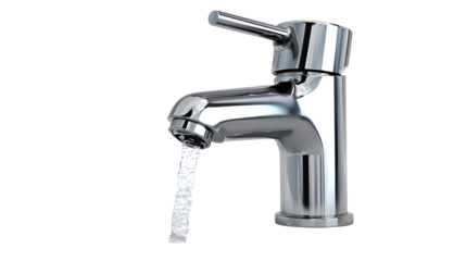 Modern chrome bathroom faucet with flowing water isolated on transparent background
