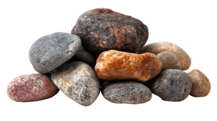 Pile of various textured natural stones isolated on transparent background