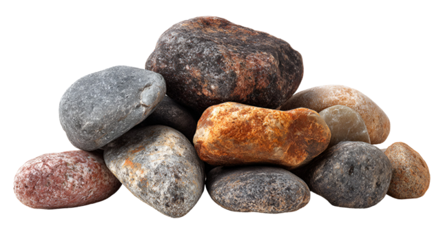 Pile of various textured natural stones isolated on transparent background
