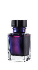 Small, elegant glass bottle with vibrant, shimmering multi-dimensional metallic fountain pen ink, classic design, on a transparent isolated background with shadowless studio lighting. Concept of