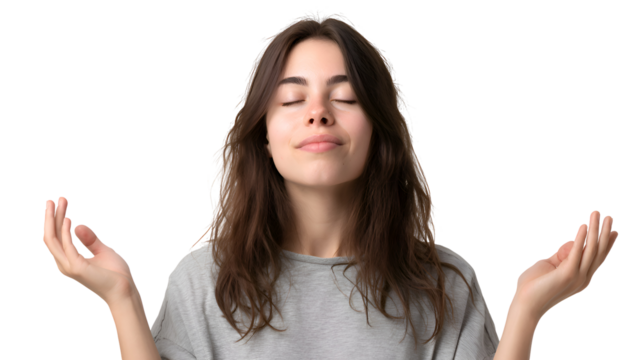Serene Young Woman with Long Brown Hair Practicing Mindfulness Meditation with Hands Raised in Peaceful Pose Against a Transparent Background Studio