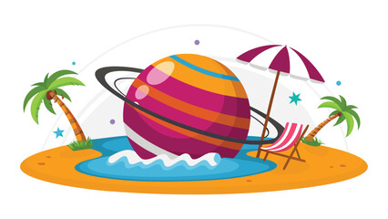 Illustration of a striped planet on a tropical island with palm trees and a beach chair near water