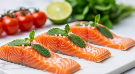 Fresh salmon fillets prepared with herbs and lime for healthy cooking