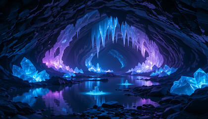 Glowing Crystal Cave at Night with Reflections and Luminescent Walls