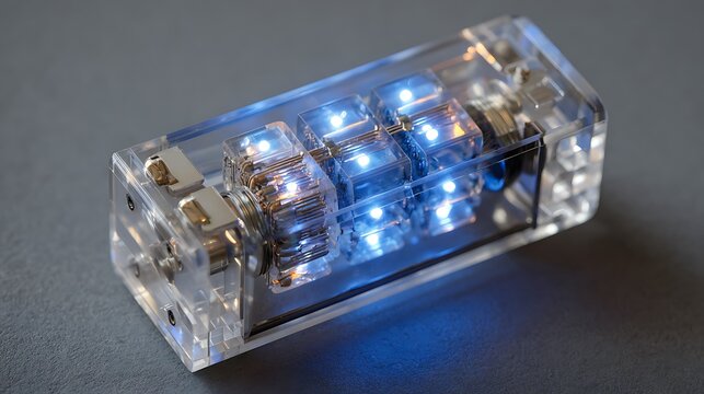 Illuminated Transparent Acrylic Case with Internal Mechanism and Blue LEDs