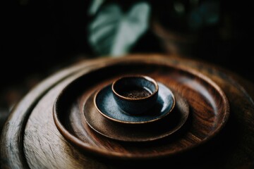 Dark wooden platters hold nested ceramic cups