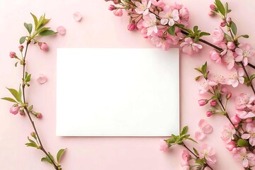 Blank card surrounded by delicate pink cherry blossoms on a soft pink background