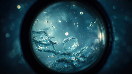 A microscopic view through a optical microscope showing live microorganisms, nematodes, cocci, and spirilla, moving actively on a glass slide. 3d illustration.