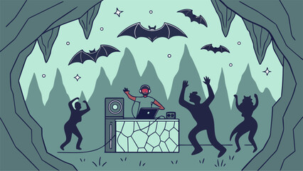 Bats and people dance to a dj in a cave creating a unique underground party atmosphere with glowing elements and a mystical feel