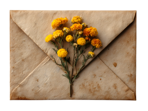 love letter on kraft paper folded envelop with dried pastel flowers, romantic detail for Valentines Day. isolated on transparent background with clipping path.