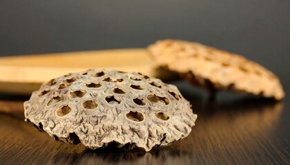 Dried lotus seed pods on dark wood