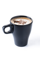 Chai Latte in Black Mug with Spices( star anise and cinnamon) isolated on white background