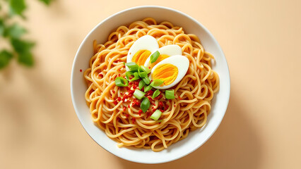 Delicious noodle bowl with sliced eggs and green onions, perfect for culinary content and food blogs.