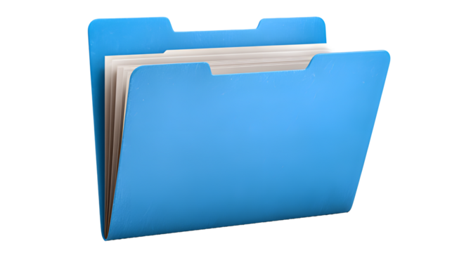 Blue File Folder Icon with Paper Inserts on a transparent background