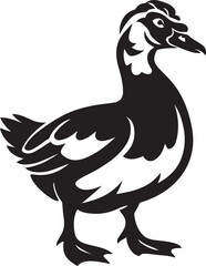 Duck silhouette with feather details, Black and white bird vector art