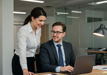 Smiling colleagues discussing ideas together at an office using a laptop

