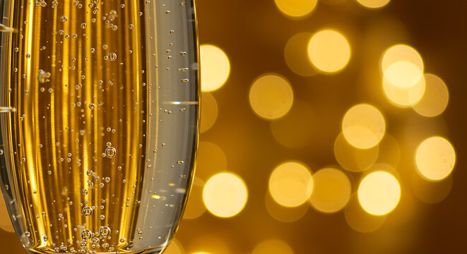 Closeup of Champagne Glass with Bubbles and Golden Light.