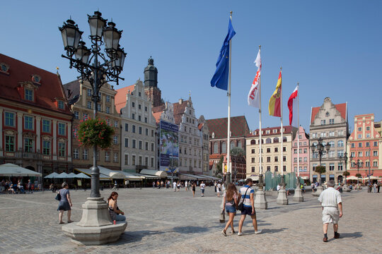 Flags in the Market Square, Old Town, Wroclaw, Silesia, Poland