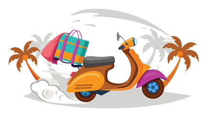 Cartoon scooter with bags and palm trees conveying a travel or vacation theme with a tropical vibe