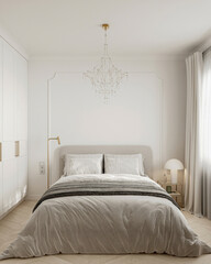 Elegant bedroom with soft bedding, modern chandelier, and minimalist decor in neutral tones.
