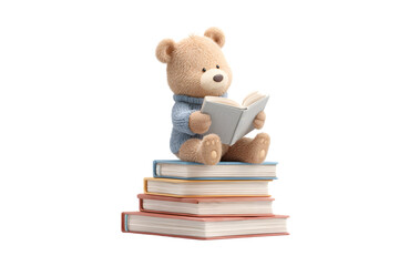 A small bear cub reading a book while sitting on top of a giant stack of school supplies, 3d animation, isolated on a white background, in a simple style, with a transparent PNG