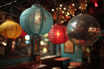 Obraz premium Brightly colored lanterns and a disco ball hang from the ceiling, illuminating a cozy, bustling indoor area filled with soft light and a festive vibe
