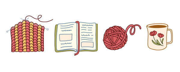 Cozy Lifestyle Vector Set – Knitting, Book, Yarn Ball, Diary, and Tea Cup for Stickers, Wall Art, Planners, and DIY Projects
