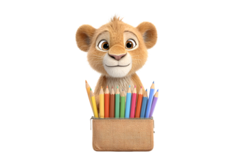 A lion cub packing colored pencils into a pencil case, with a look of proud responsibility on its face, 3d animation, isolated on a white background, in a simple style, with a transparent PNG 