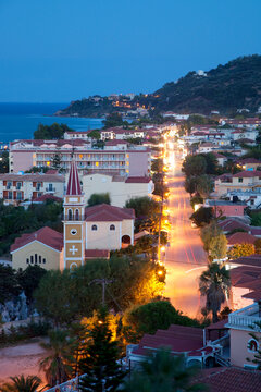 View over town at dusk, Argassi, Zante, Ionian Islands, Greek Islands, Greece