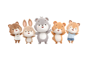 A group of animal mascots doing a fun morning dance together in front of the school, welcoming new students, 3d animation, isolated on a white background, in a simple style, with a transparent PNG